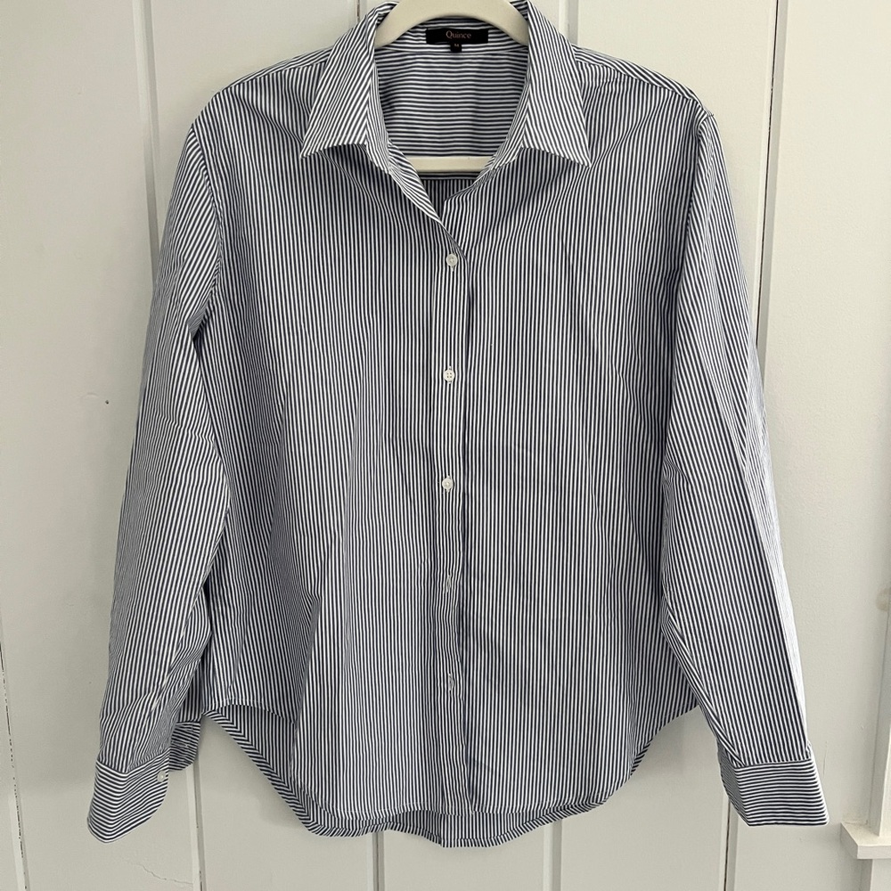 Quince Women's Blue and White Pinstripe Button-Down Shirt